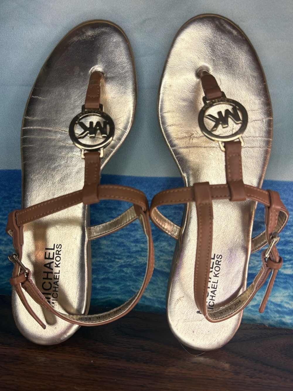 Michael Kors Brown Leather T-Strap Sandals with Metallic Gold Footbed